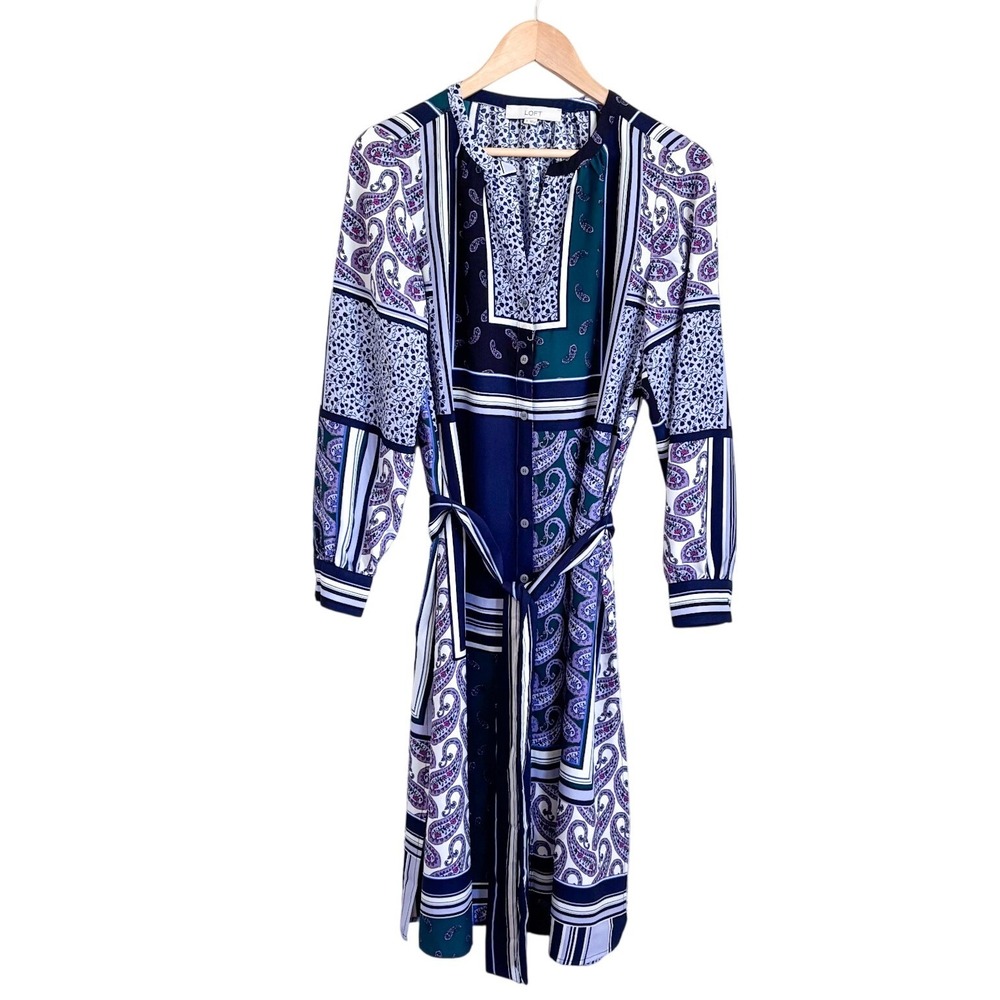 Ann Taylor LOFT Patchwork Boho Paisley Midi Shirt Dress Size S Floral Blue Green